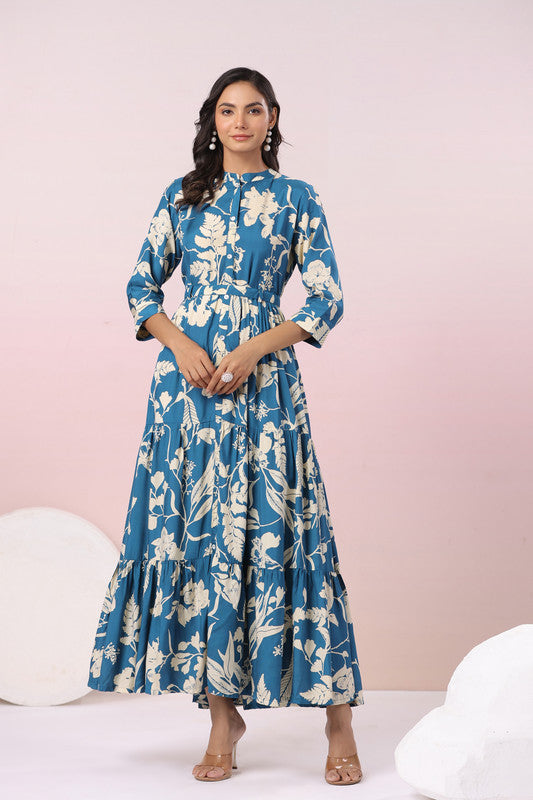 Indigo Floral Russian Silk Elegance Gown