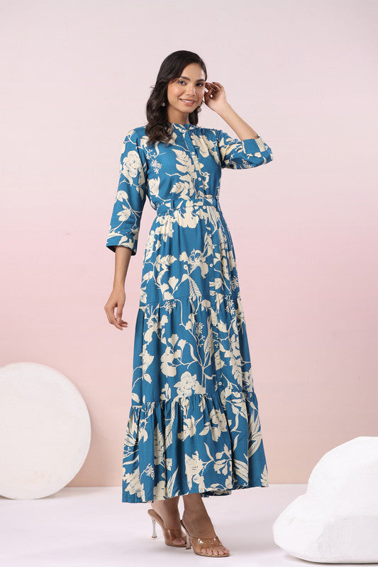 Indigo Floral Russian Silk Elegance Gown