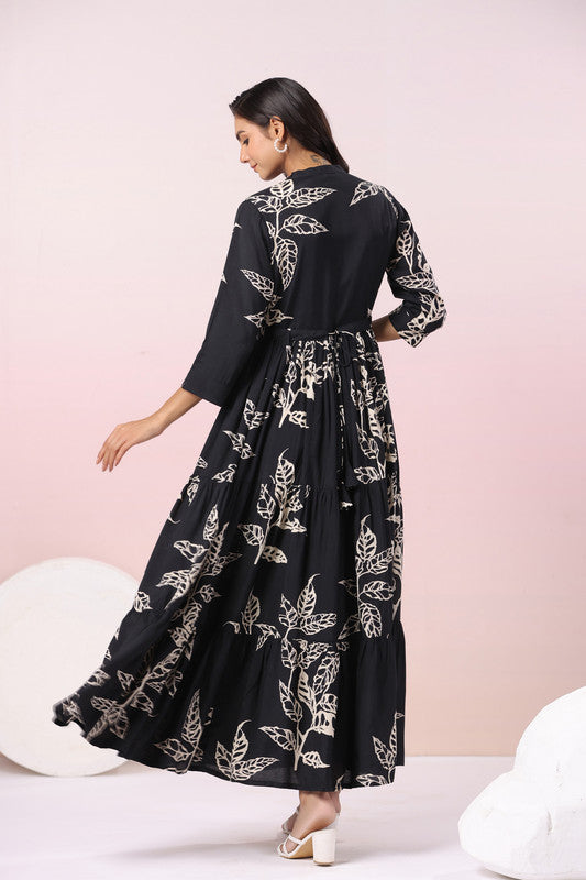 Black Floral Printed Russian Silk Maxi Dress