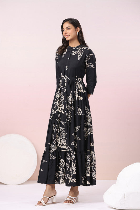 Black Floral Printed Russian Silk Maxi Dress