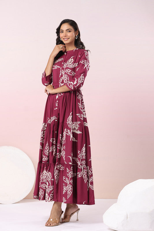 Wine Leafy Grace A-Line Russian Silk Dress