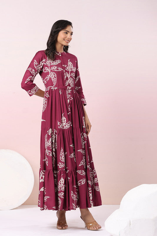 Wine Leafy Grace A-Line Russian Silk Dress