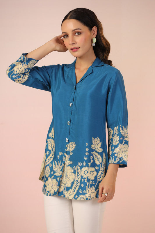 Ocean Blossom Print Blue Muslin Silk Shirt