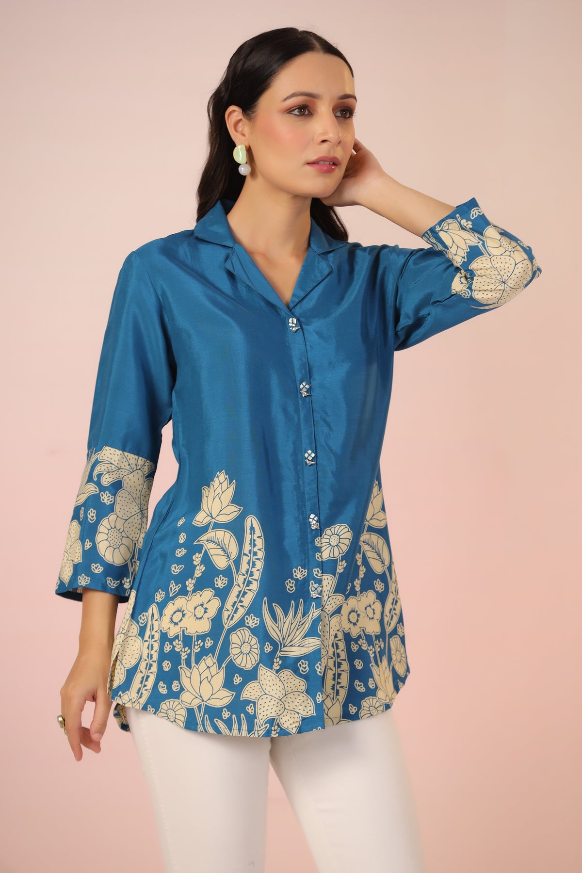 Ocean Blossom Print Blue Muslin Silk Shirt