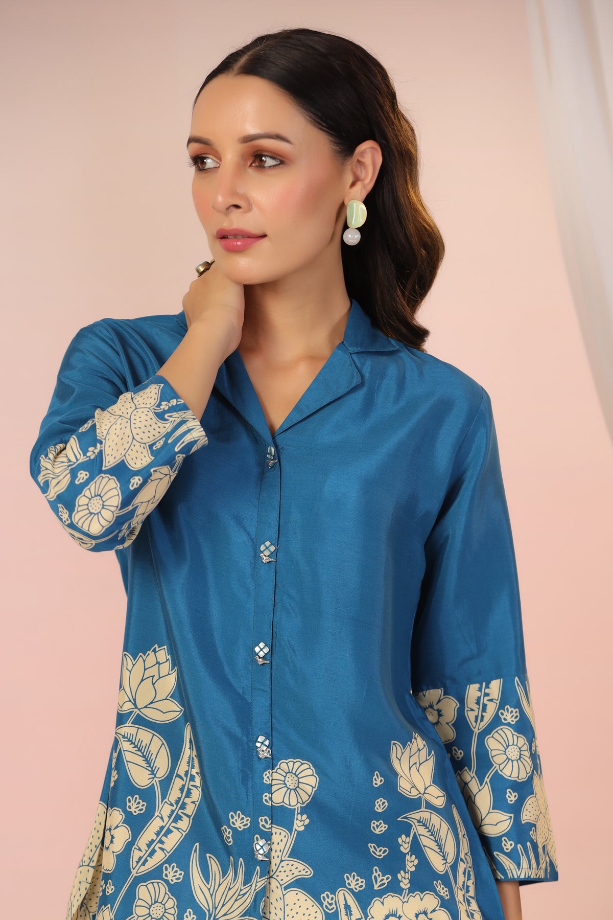 Ocean Blossom Print Blue Muslin Silk Shirt