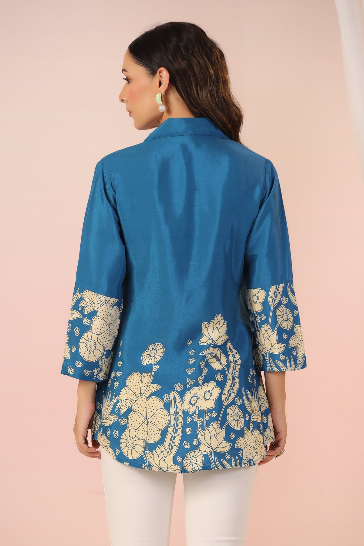 Ocean Blossom Print Blue Muslin Silk Shirt