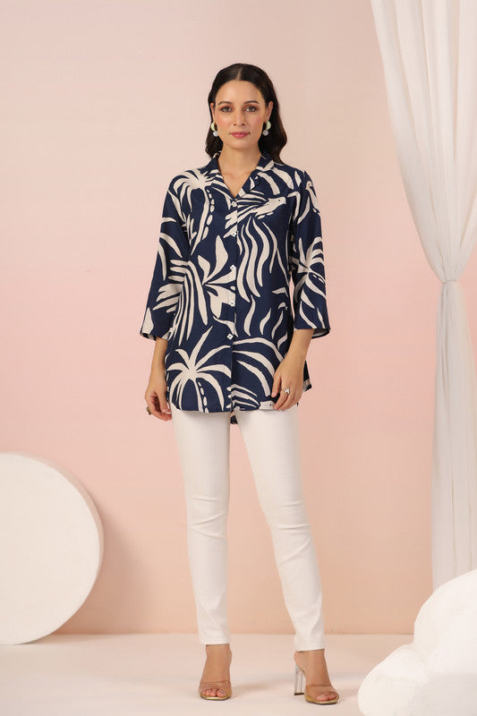 Navy Blue Serenity Leaf Bird Print Muslin Silk Shirt