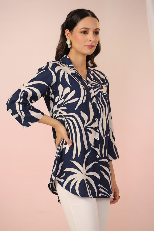 Navy Blue Serenity Leaf Bird Print Muslin Silk Shirt