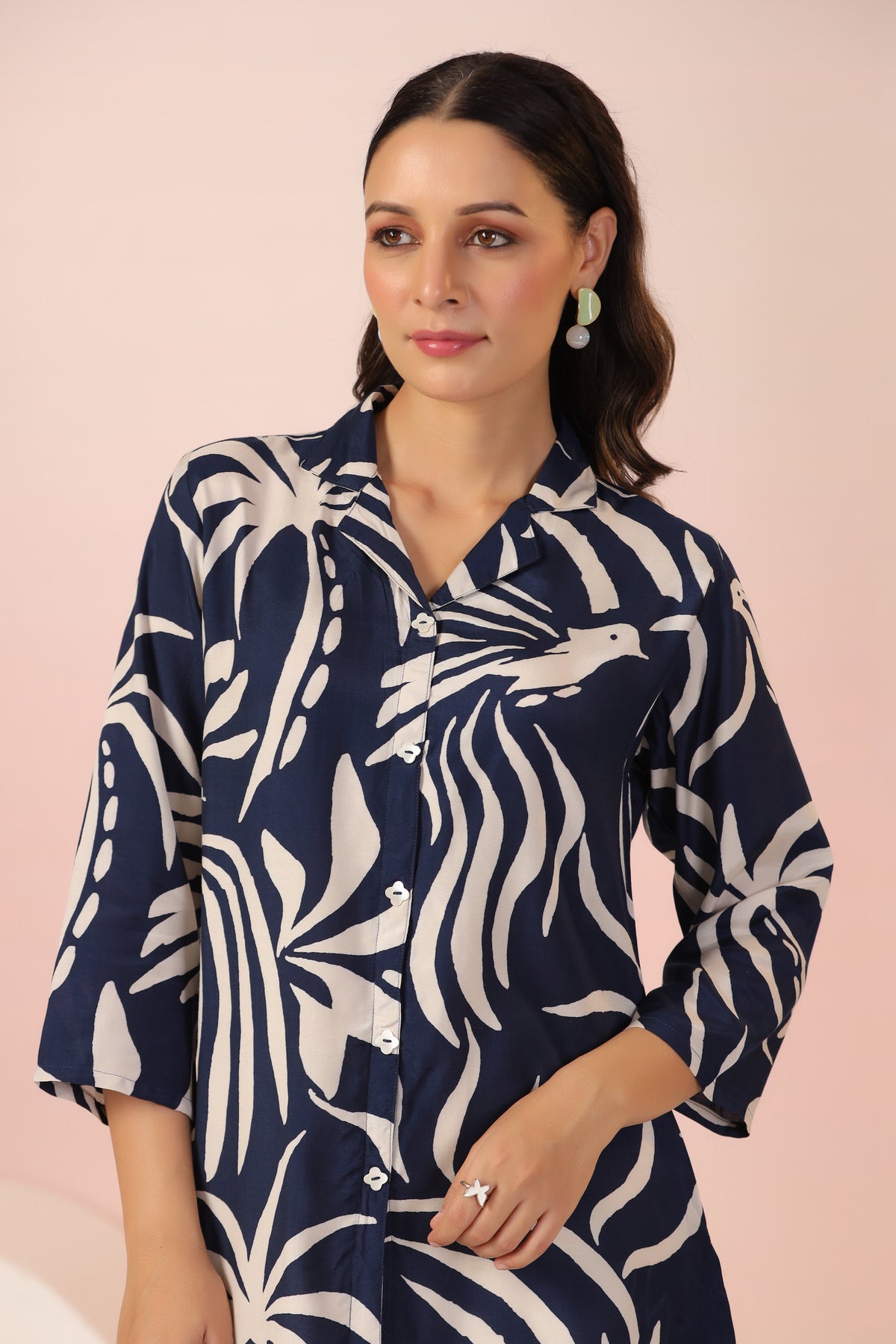 Navy Blue Serenity Leaf Bird Print Muslin Silk Shirt