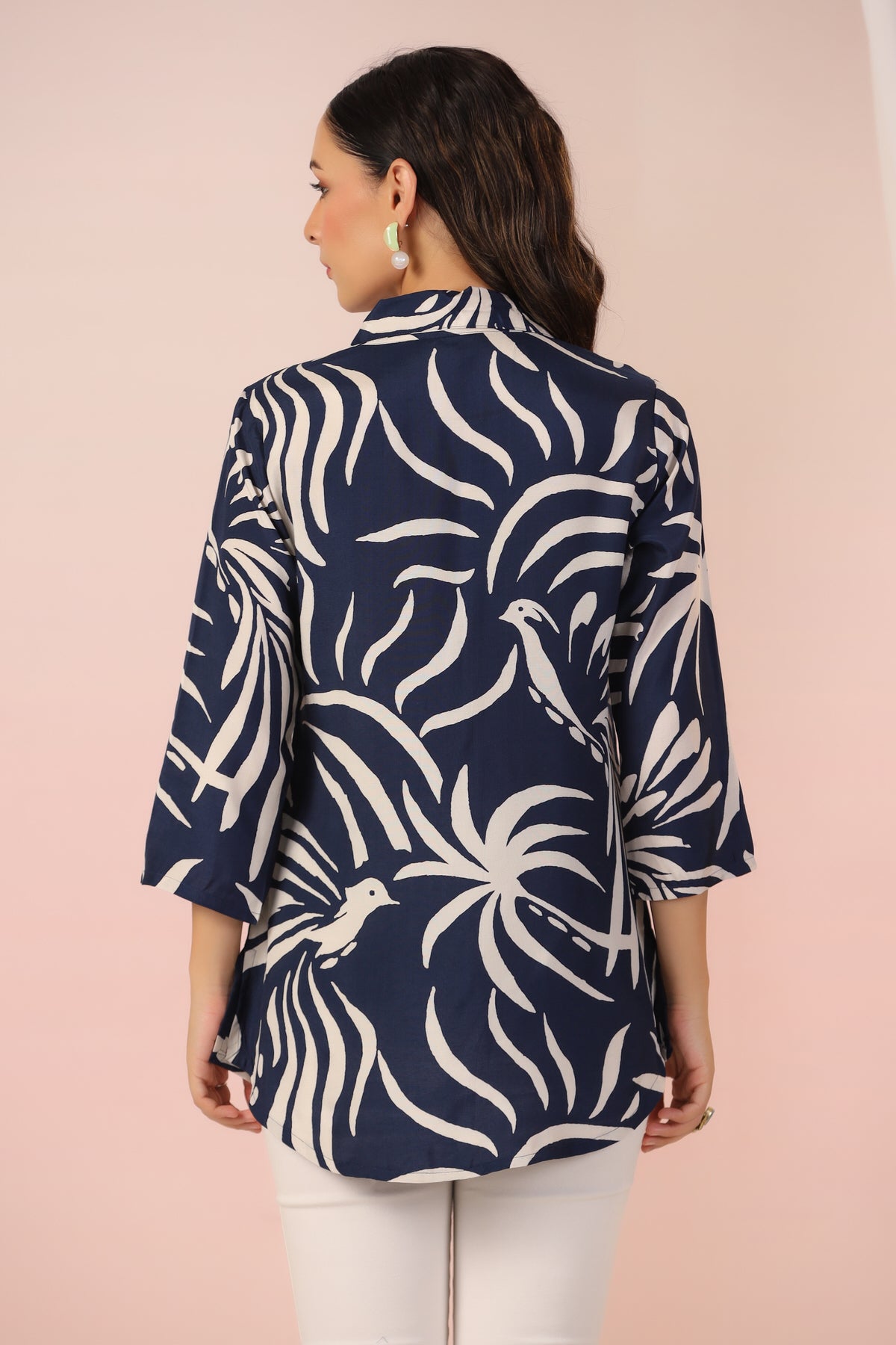 Navy Blue Serenity Leaf Bird Print Muslin Silk Shirt