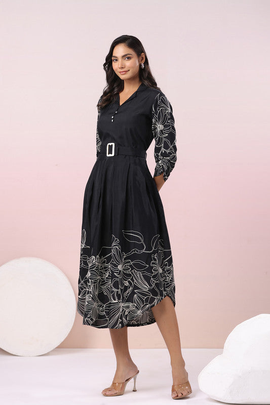 Elegant Floral Print Black Midi Russian Silk Dress