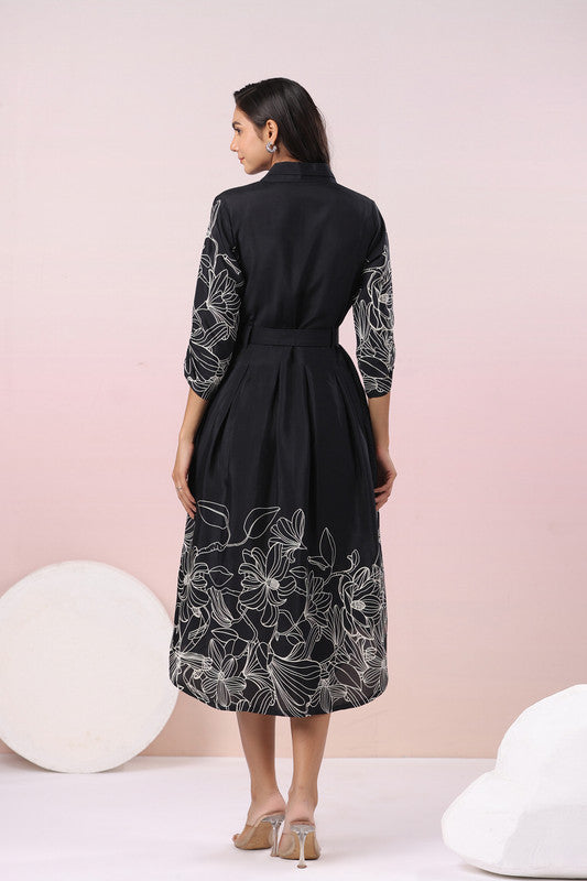 Elegant Floral Print Black Midi Russian Silk Dress