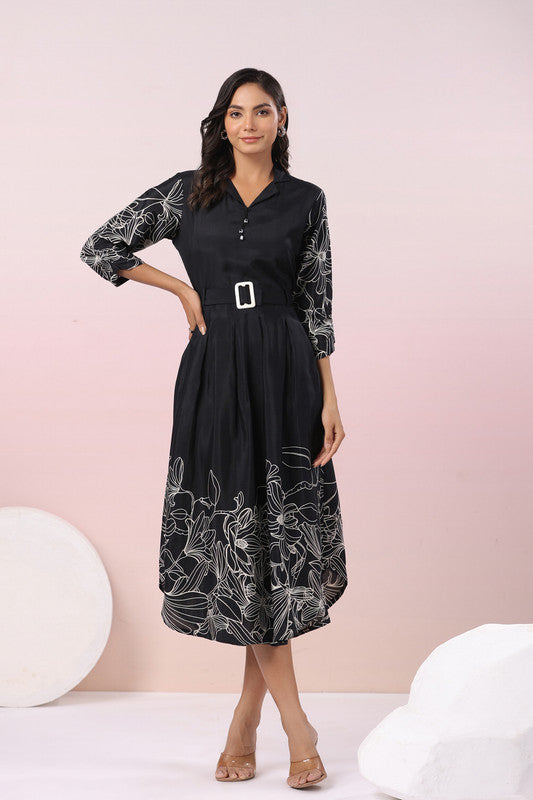 Elegant Floral Print Black Midi Russian Silk Dress