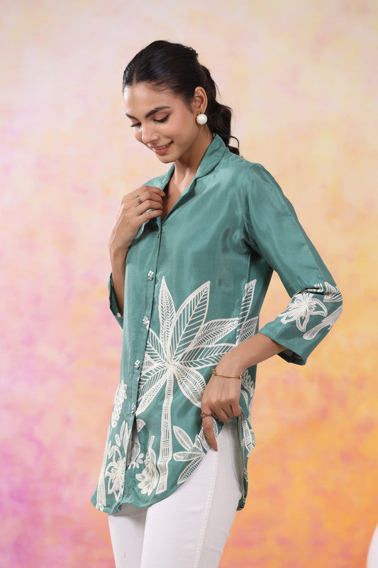 Tropical Jade Print Muslin Silk Shirt