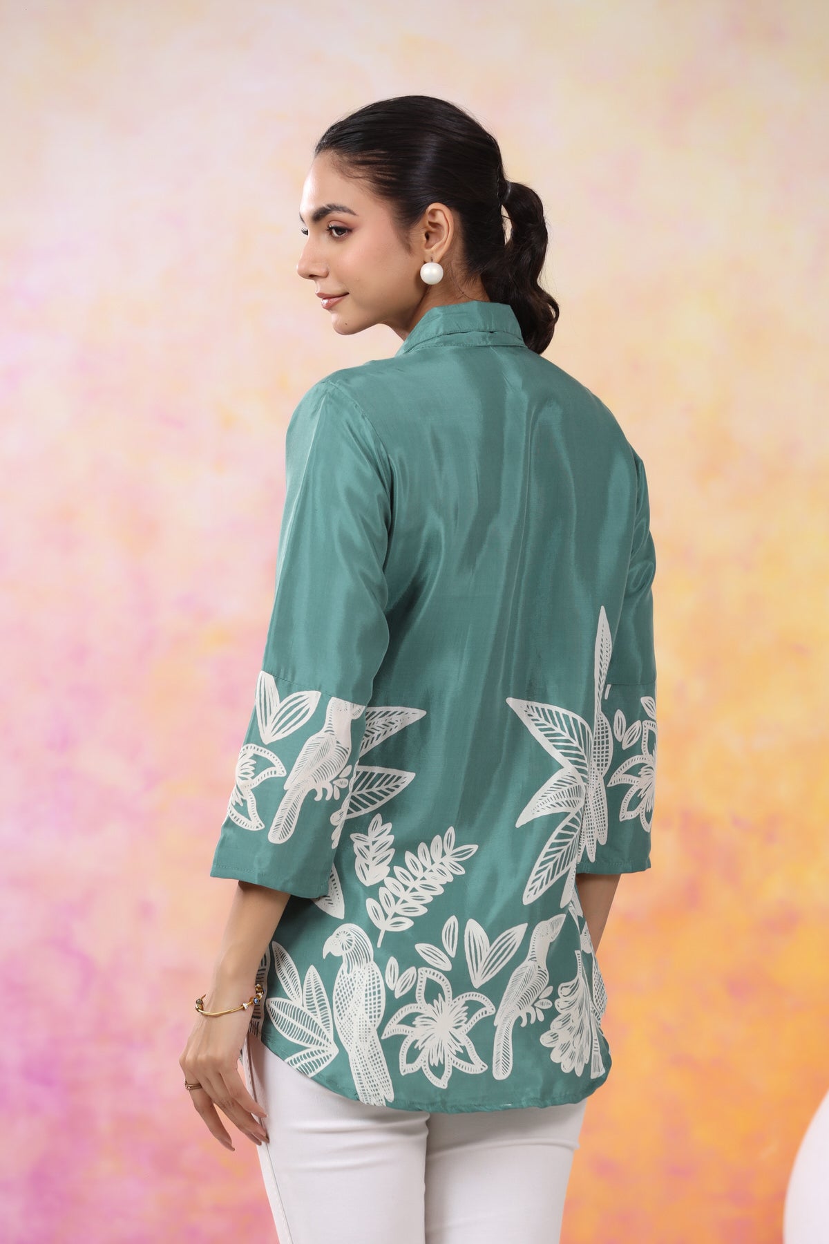 Tropical Jade Print Muslin Silk Shirt