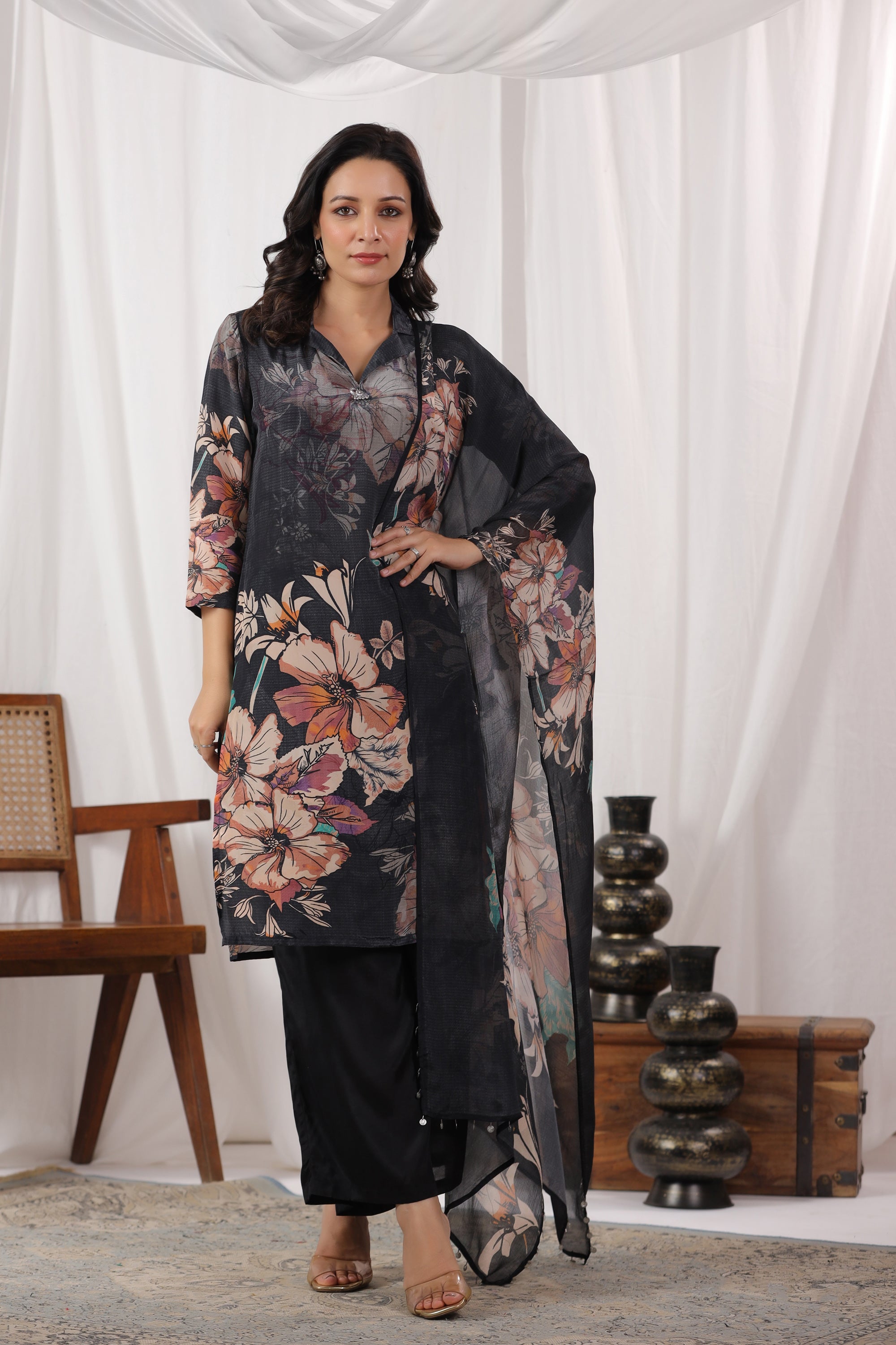 Black Floral Printed Russian Silk Straight Kurta Set with Dupatta
