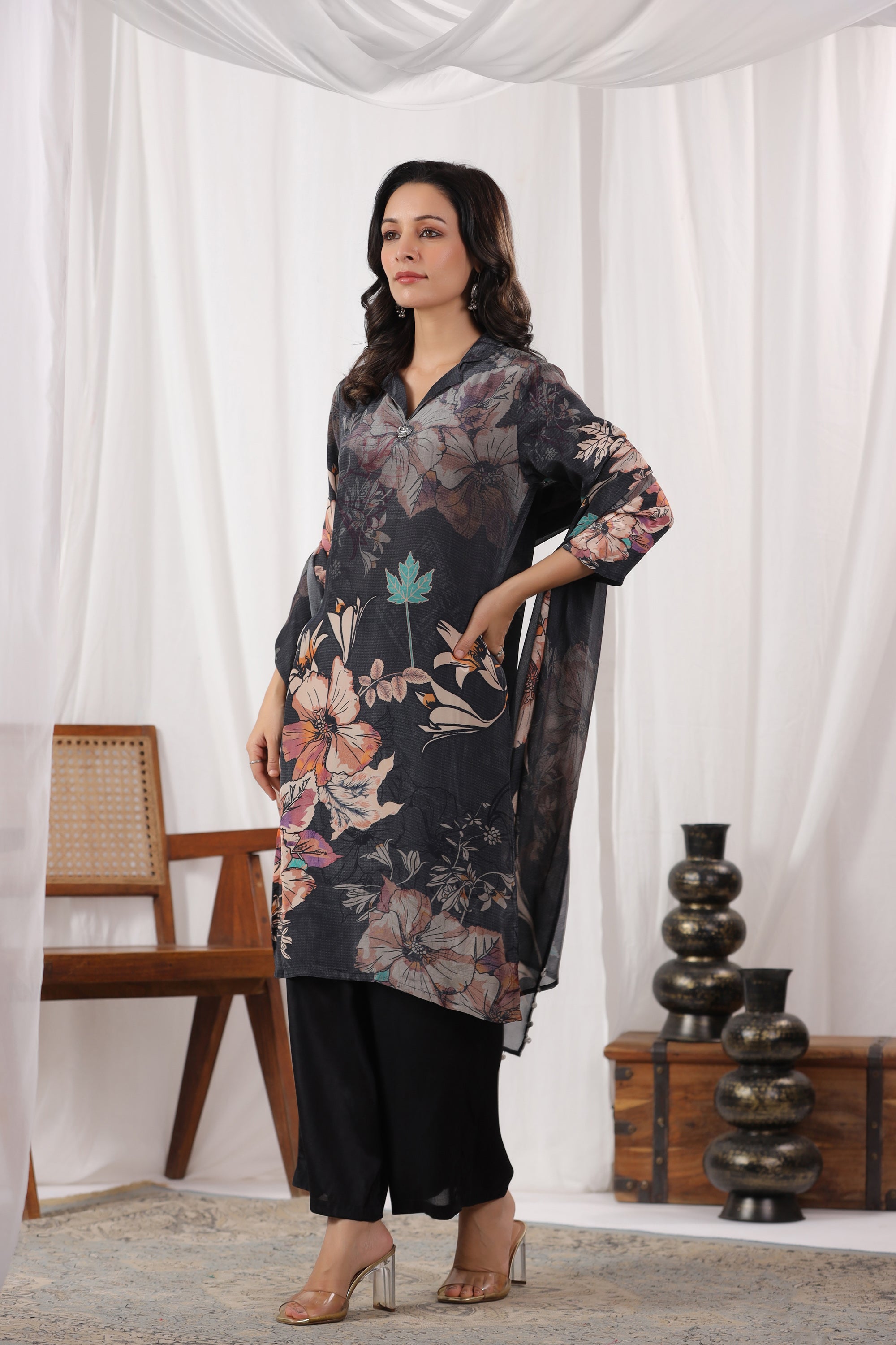 Black Floral Printed Russian Silk Straight Kurta Set with Dupatta