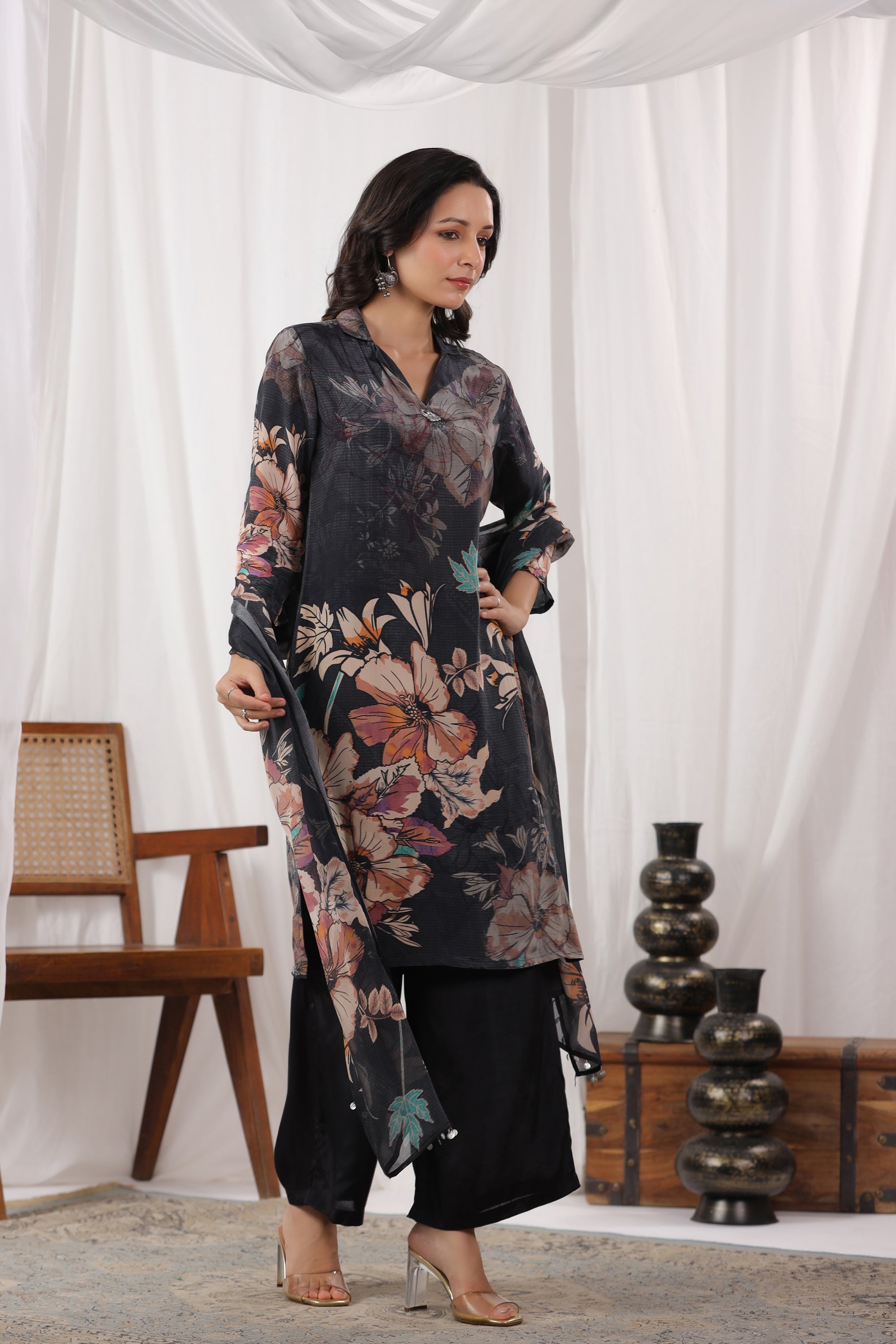 Black Floral Printed Russian Silk Straight Kurta Set with Dupatta