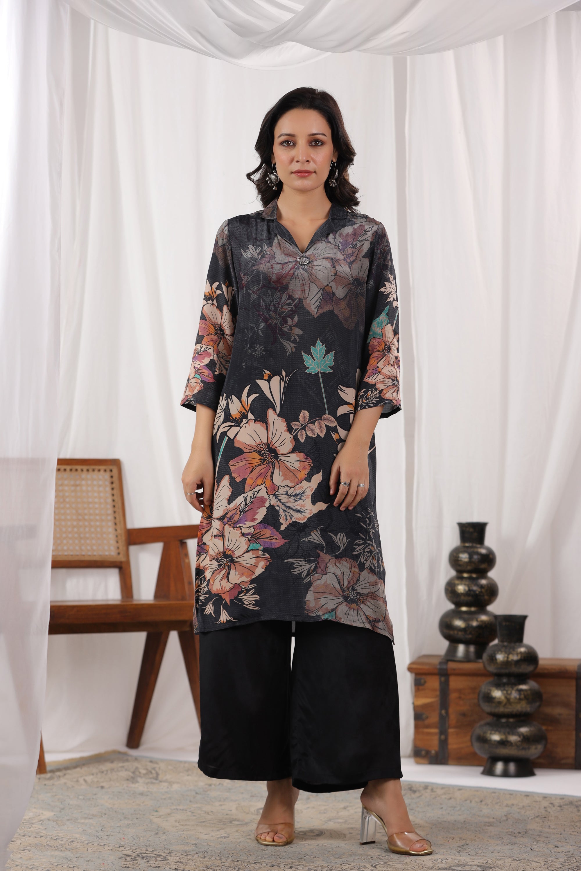 Black Floral Printed Russian Silk Straight Kurta Set with Dupatta