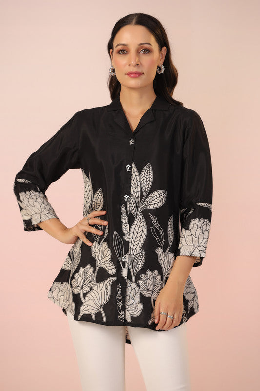 Black Botanical Bliss Russian Silk Top