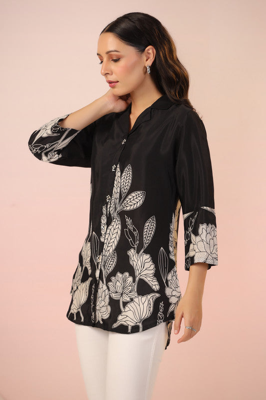 Black Botanical Bliss Russian Silk Top