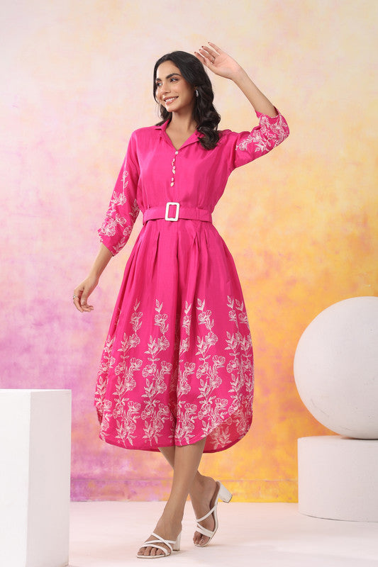 Floral Fuchsia Belted Russian Silk Dress