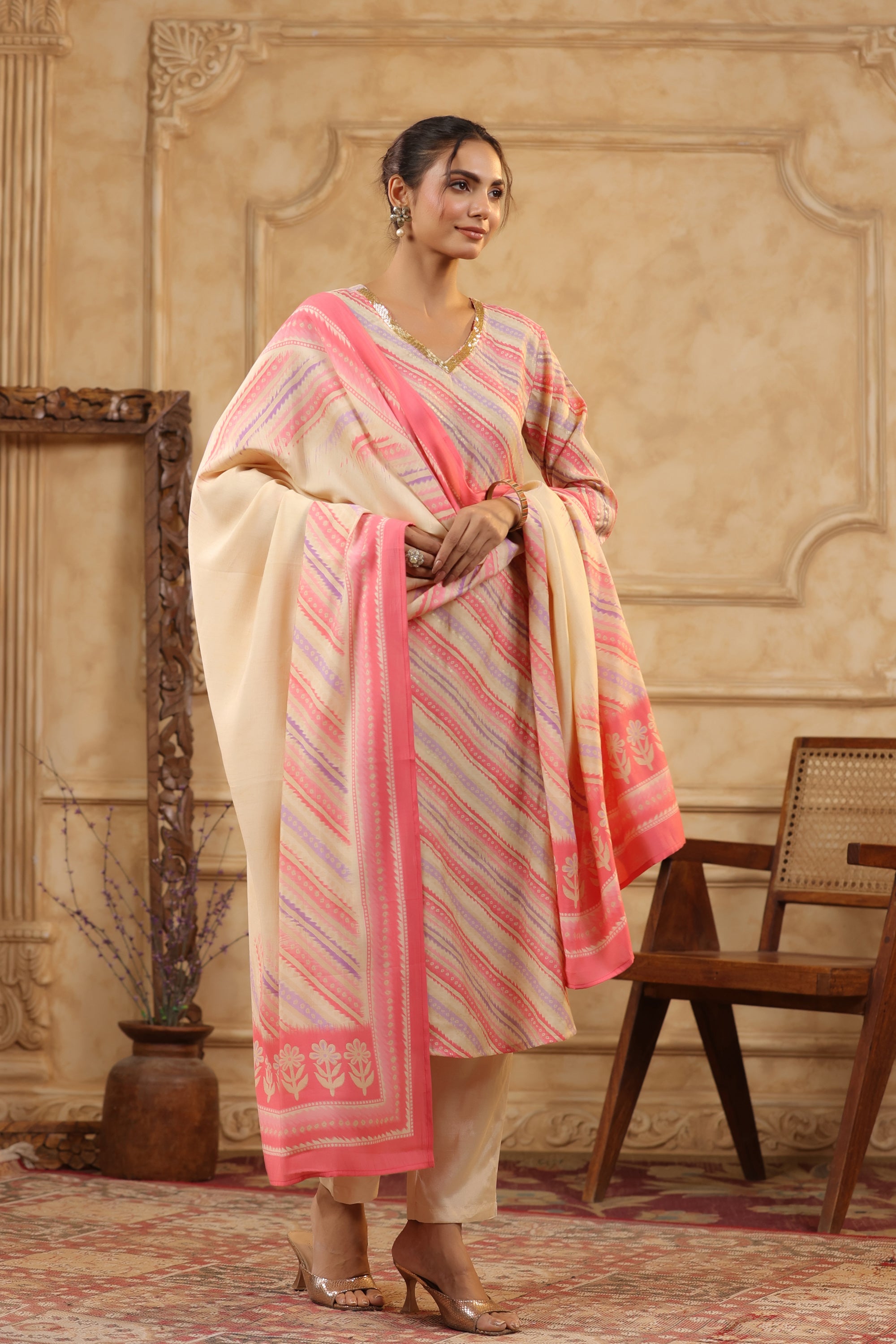 Blush Pink Diagonal Stripe Printed Russian Silk Kurta Pant Set with Dupatta