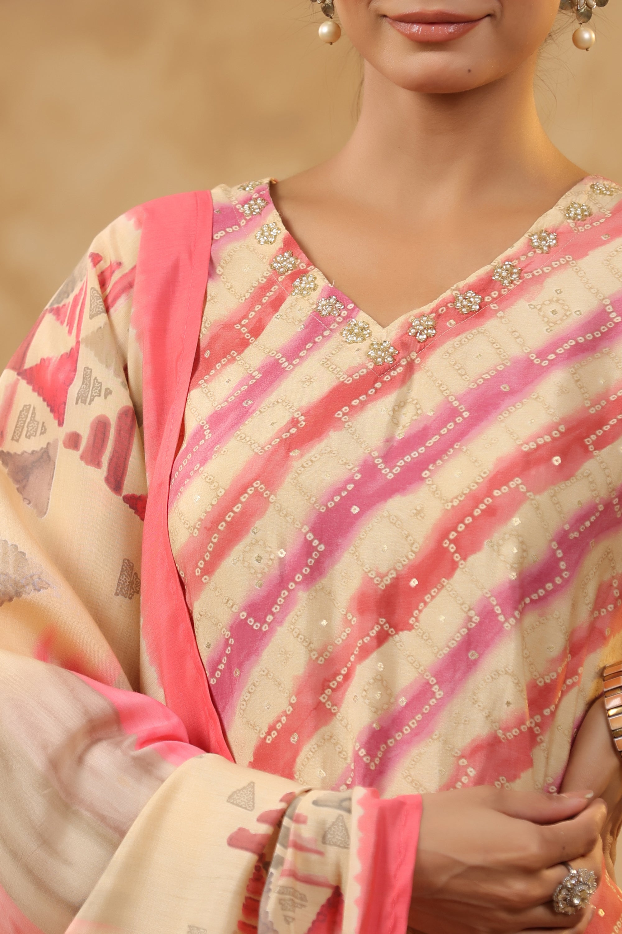 Multicolour Traditional Leheriya Printed Russian Kurta Pant Set with Dupatta