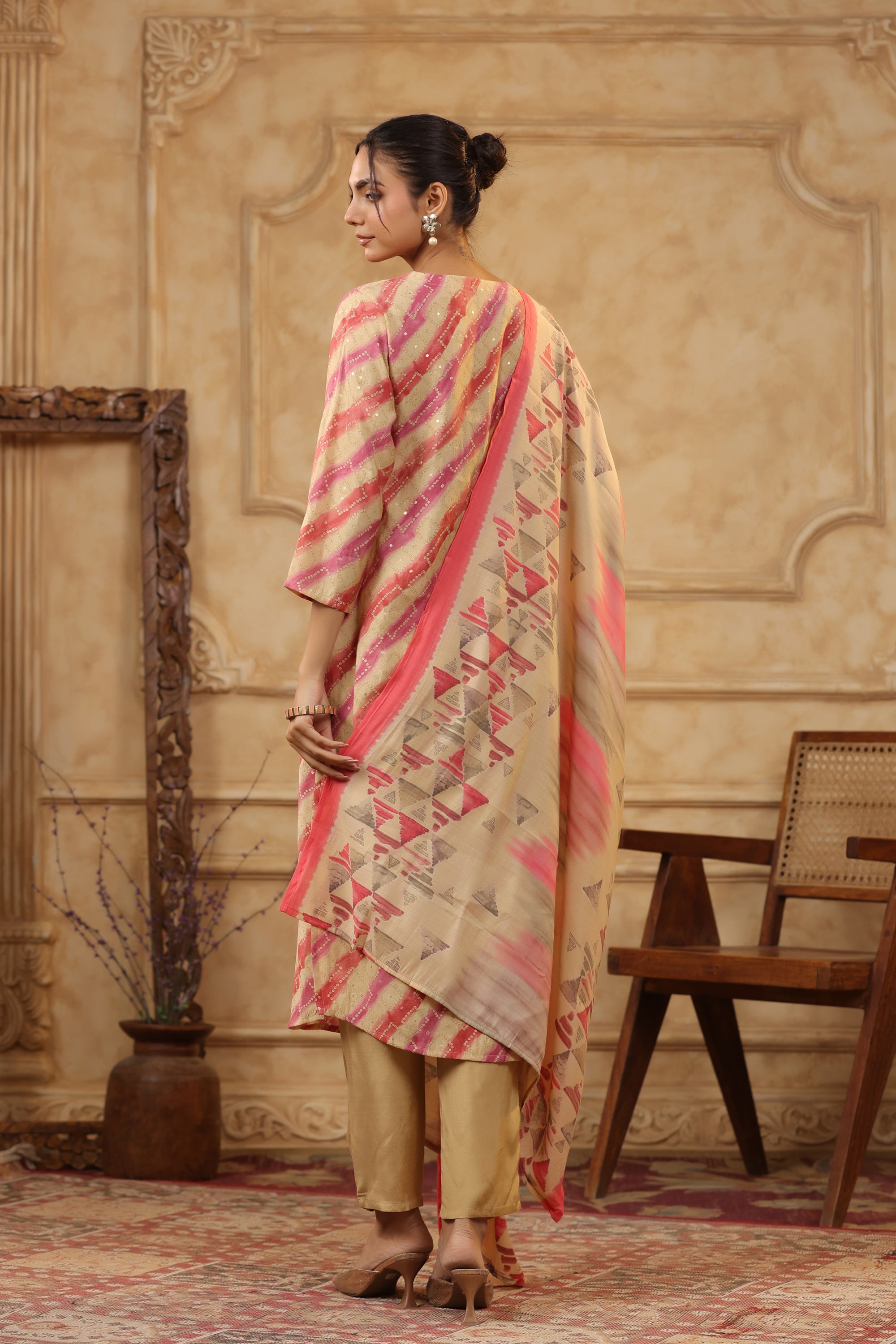 Multicolour Traditional Leheriya Printed Russian Kurta Pant Set with Dupatta