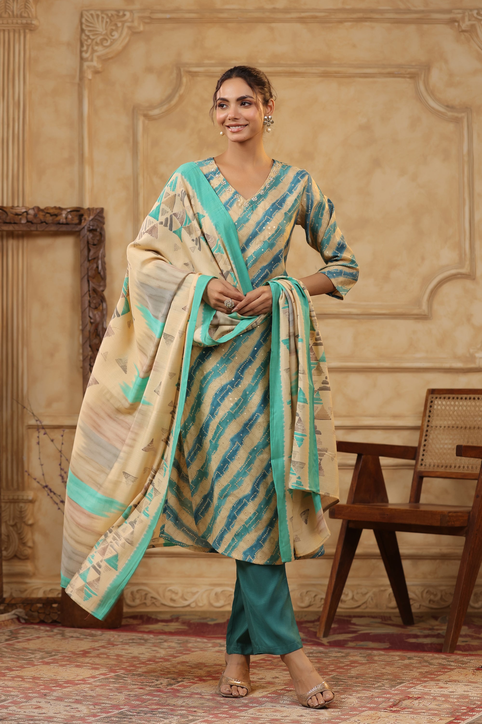Multicolour Leheriya Printed Russian Silk Straight Kurta Set with Dupatta