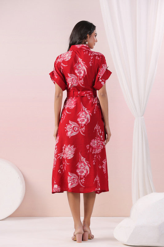 Red Scarlet Bloom Belted Russian Silk Dress