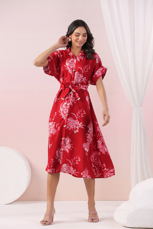 Red Scarlet Bloom Belted Russian Silk Dress