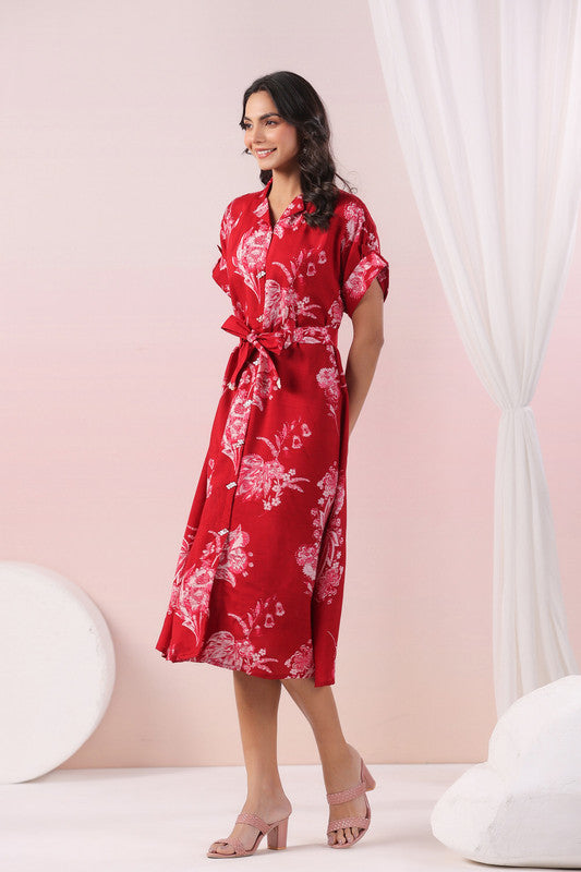 Red Scarlet Bloom Belted Russian Silk Dress