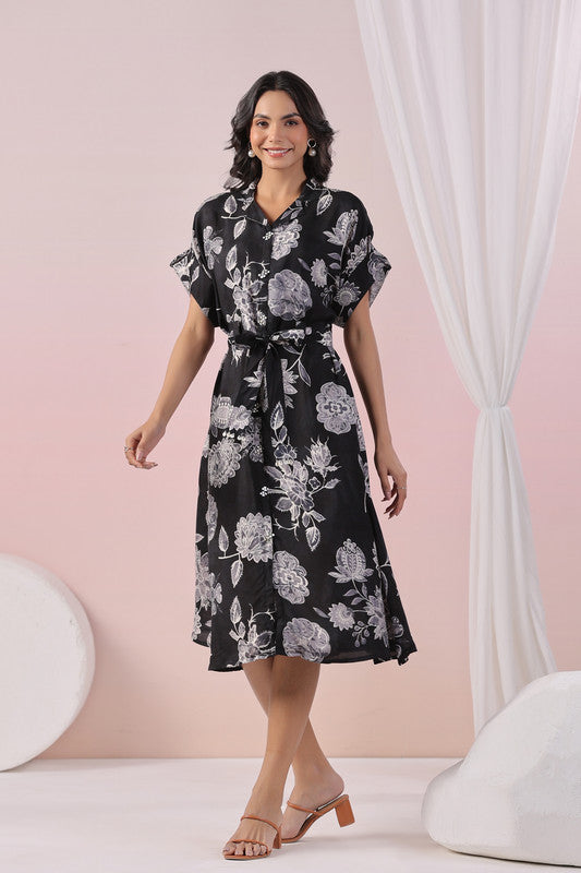 Black Blossom Ease Russian Silk Dress