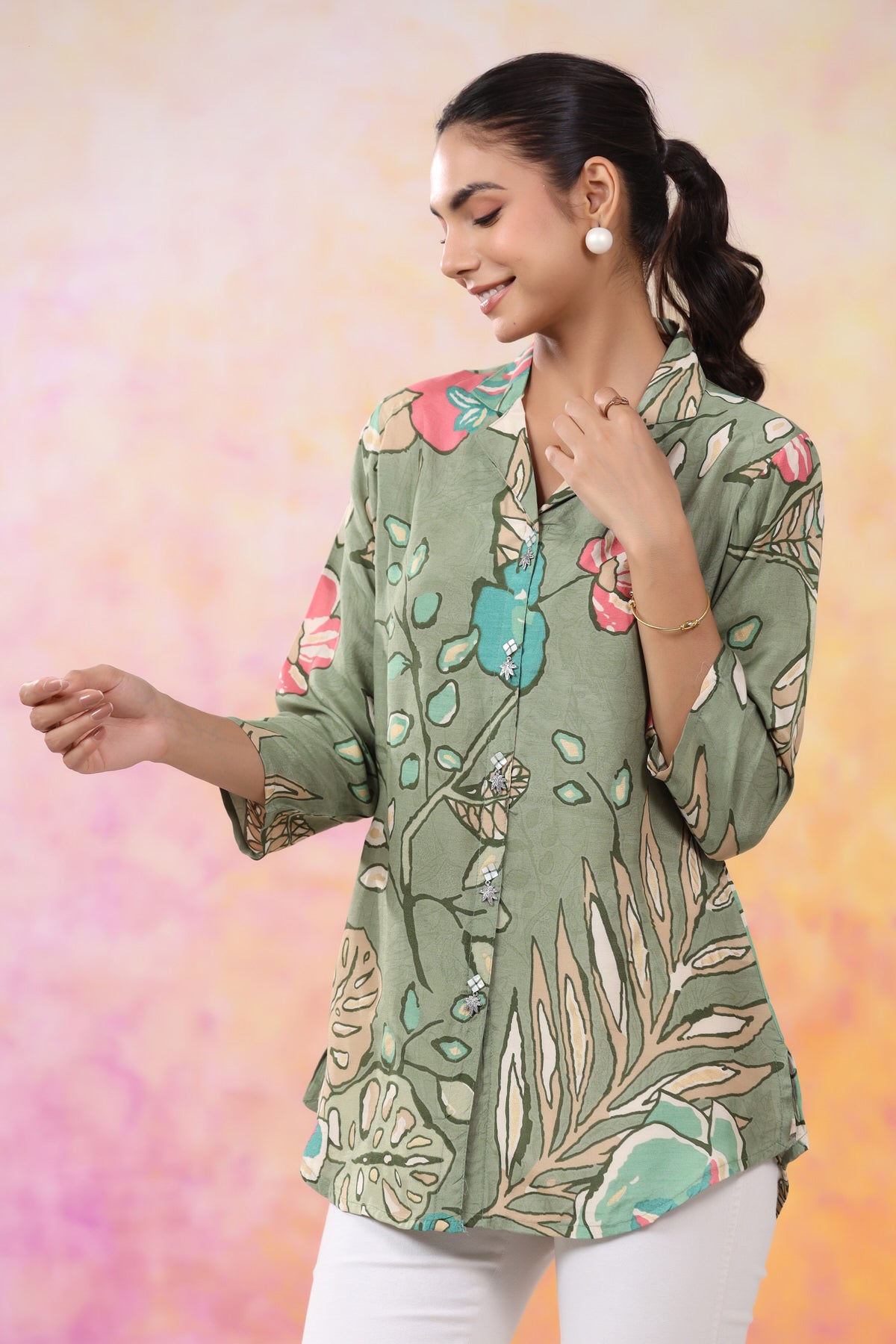 Bohemian Blossom Print Green Muslin Silk Shirt