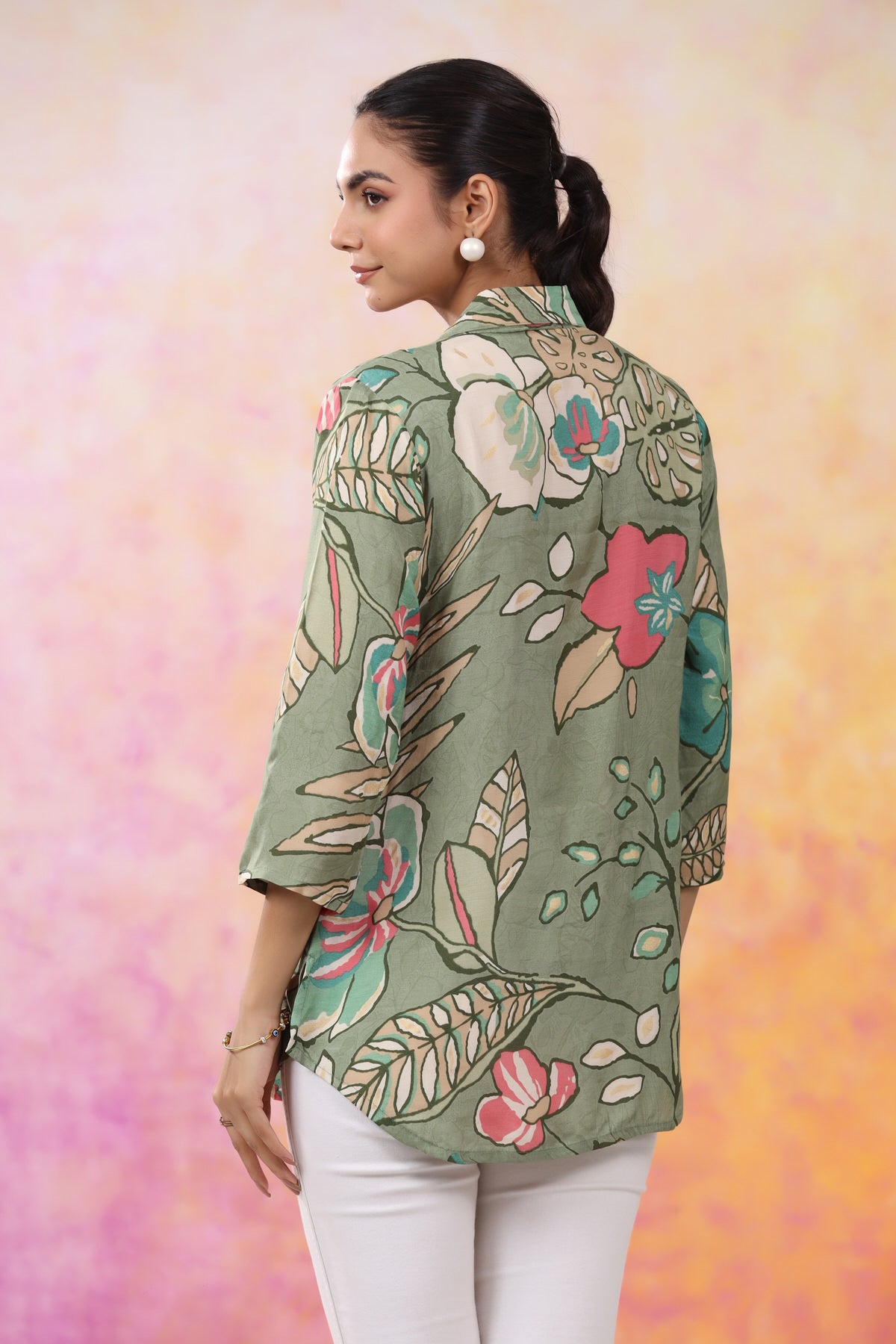 Bohemian Blossom Print Green Muslin Silk Shirt