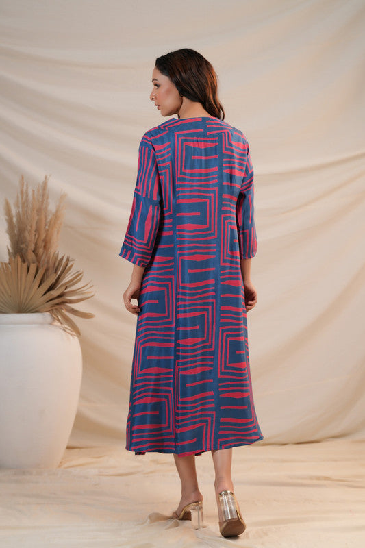 Indigo Maze Flared Russian Silk Dress