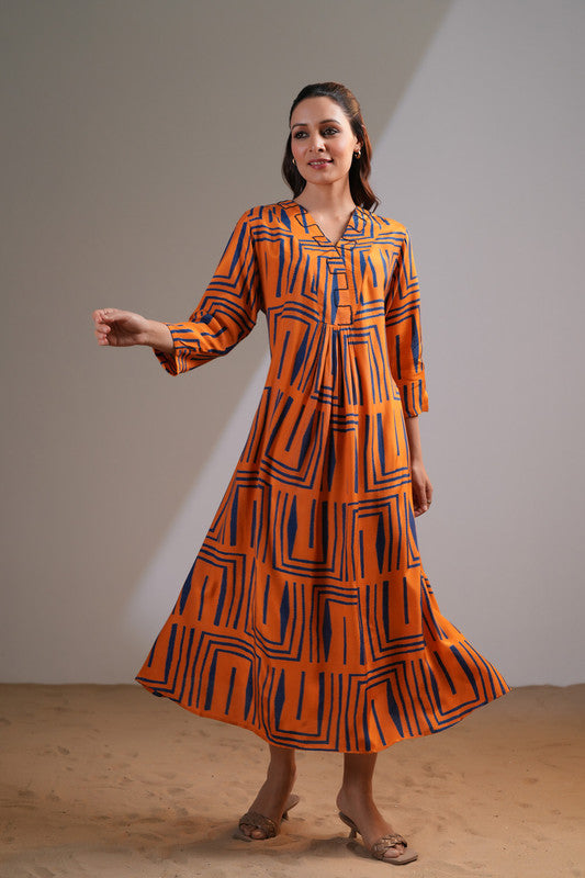 Orange Blue Maze Russian Silk Dress