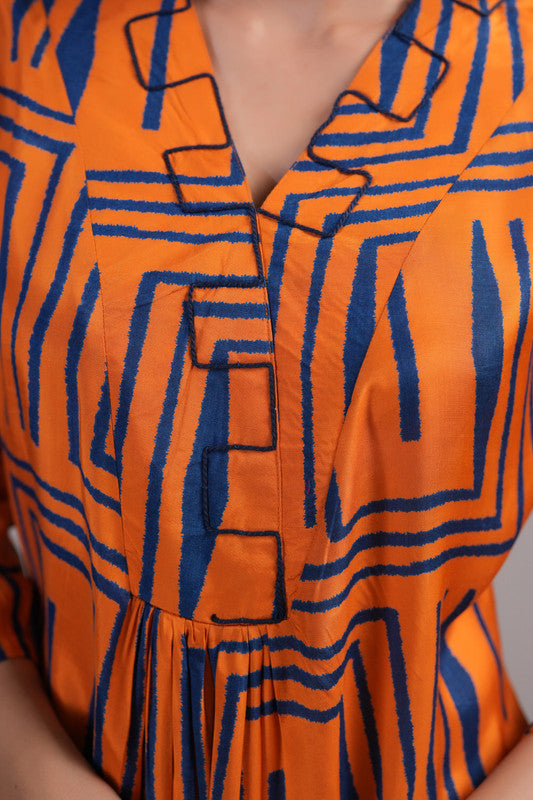 Orange Blue Maze Russian Silk Dress