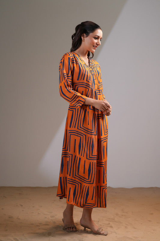 Orange Blue Maze Russian Silk Dress