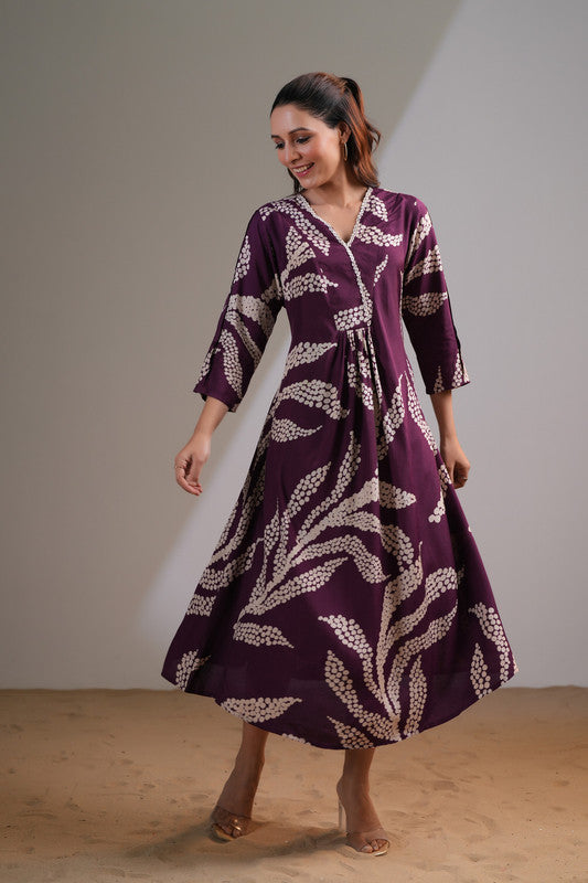 Purple Floral Leaf Russian Silk Dress