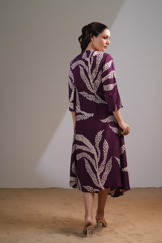 Purple Floral Leaf Russian Silk Dress