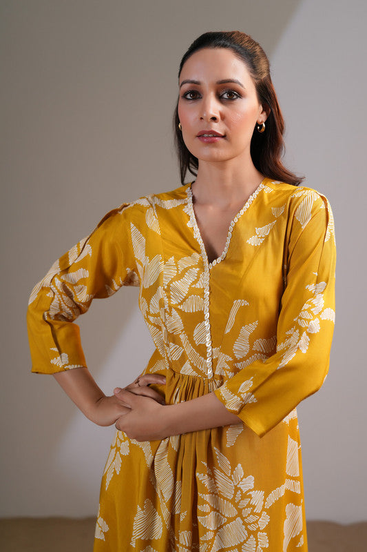 Mustard Floral Boho Russian Silk Dress