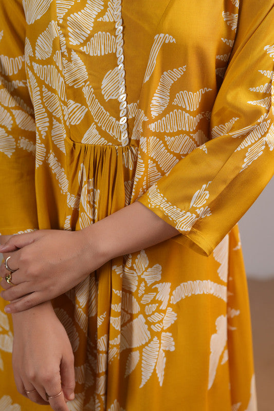 Mustard Floral Boho Russian Silk Dress