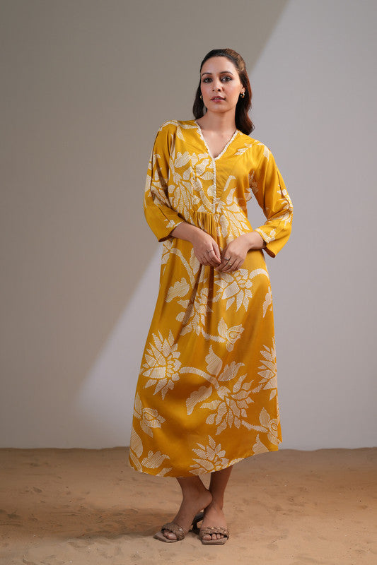 Mustard Floral Boho Russian Silk Dress