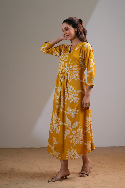 Mustard Floral Boho Russian Silk Dress