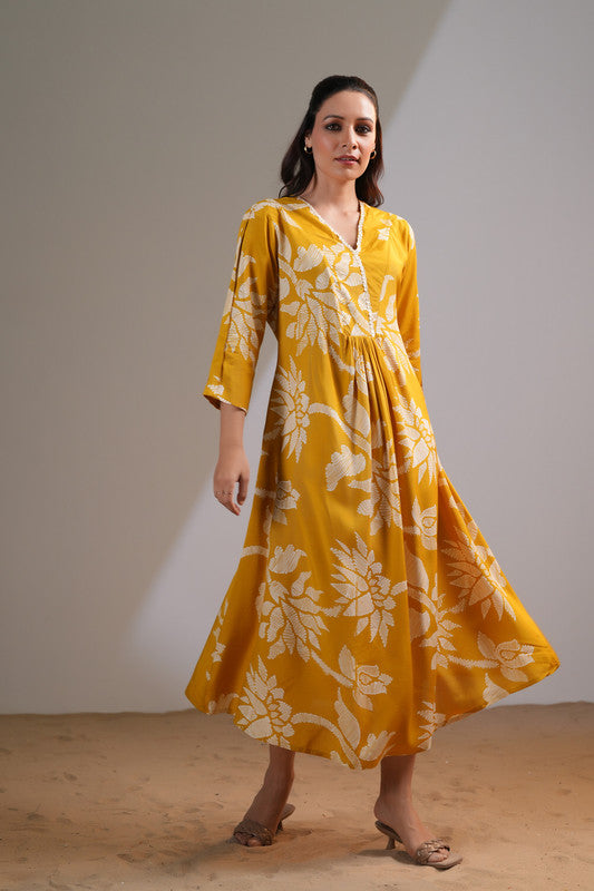 Mustard Floral Boho Russian Silk Dress