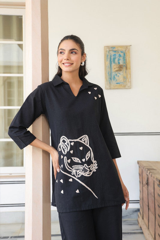 Black Hand-Embroidered Leopard Cotton Top