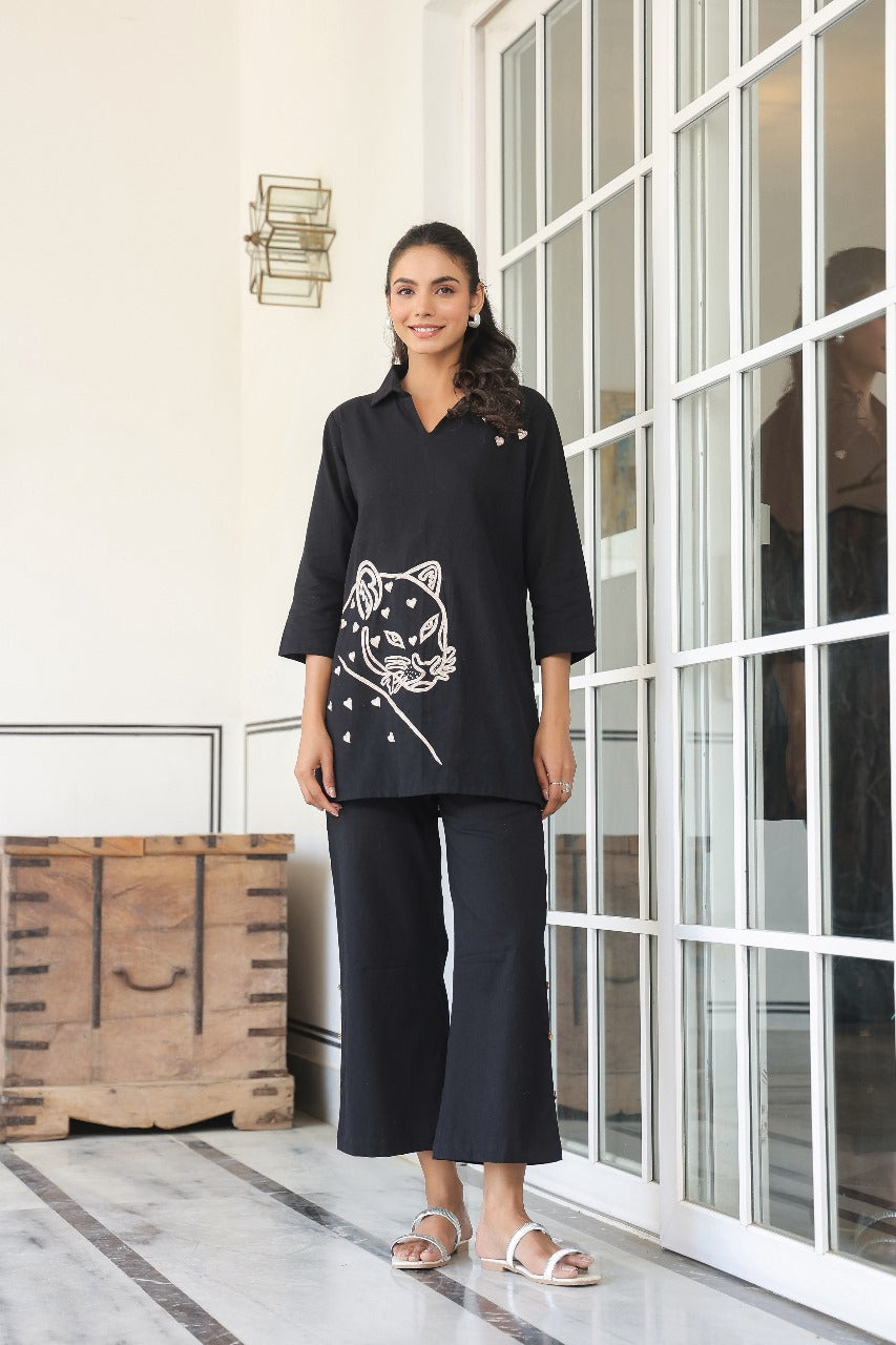 Black Embroidered Leopard Cotton Flex Top
