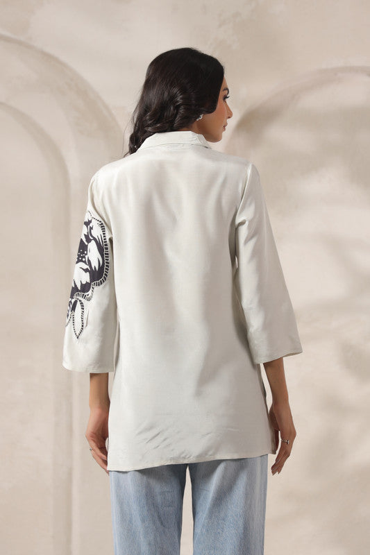 Floral Embroidered Tunic White Russian Silk Top